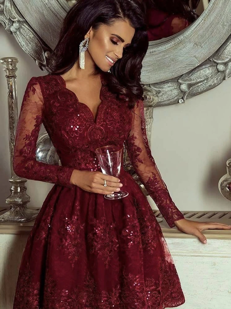 A Line V Neck Burgundy Lace Short Prom Dresses, Long Sleeves Short Bur ...