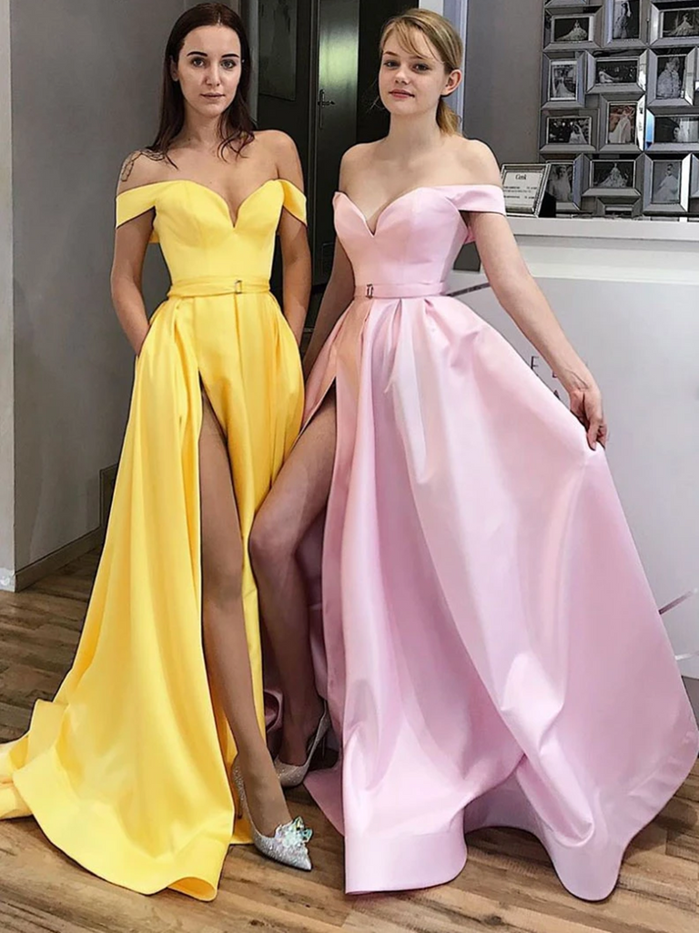 yellow off the shoulder formal dress