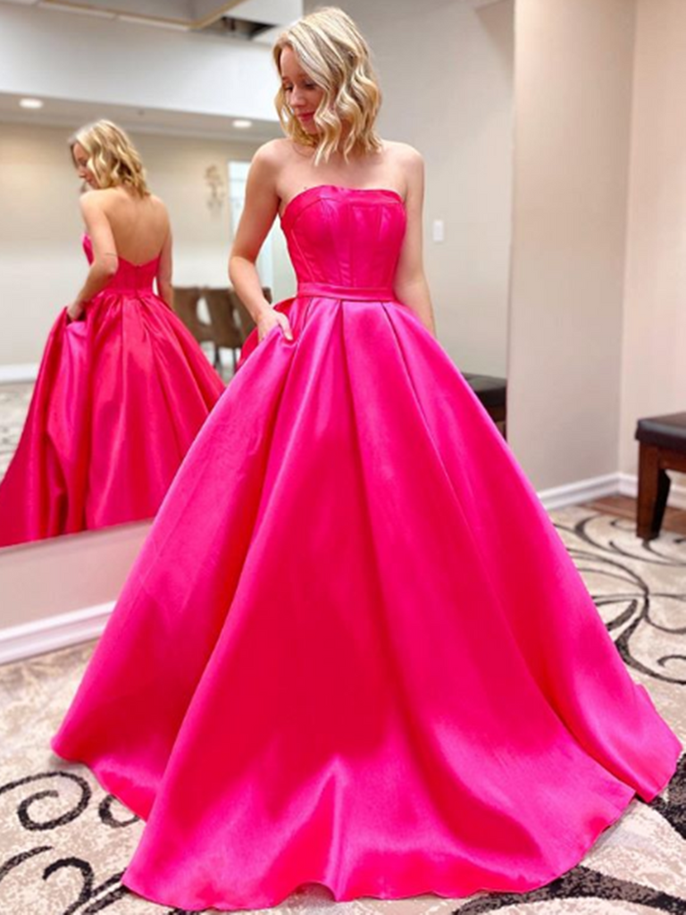 Sexy Pink Strapless Satin Long Ball Gowns Prom Dresses, Pink Strapless ...
