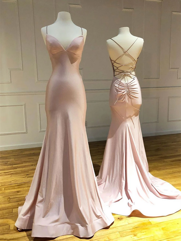 V Neck Pink Backless Satin Long Prom Dresses Mermaid Pink Backless Fo Morievent 1977