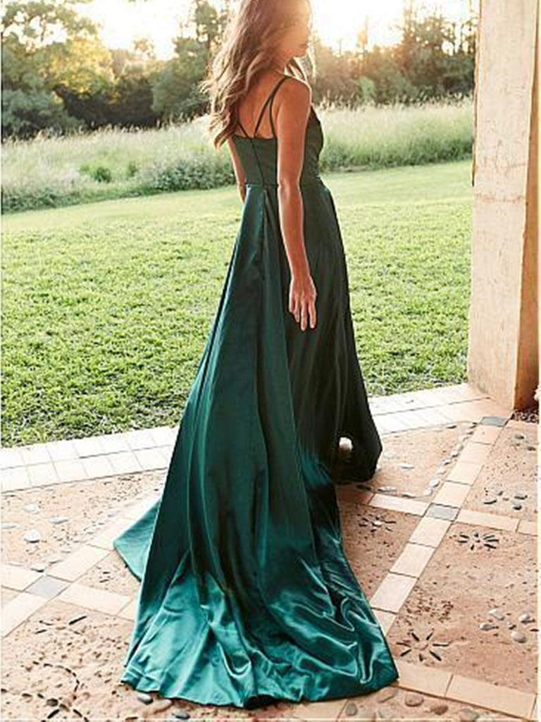 Emerald Green Side Slit Long Evening Prom Dresses V Neck Emerald Gree Morievent 3269