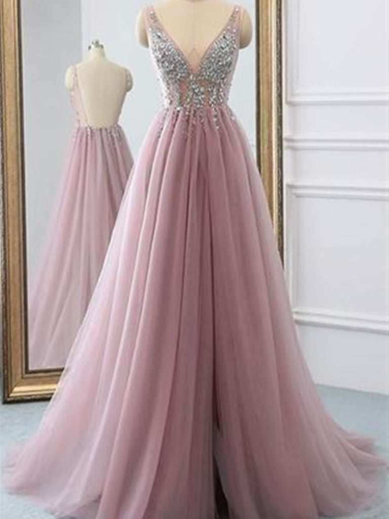 V neck pink backless beaded tulle long prom dress with high leg slit ...