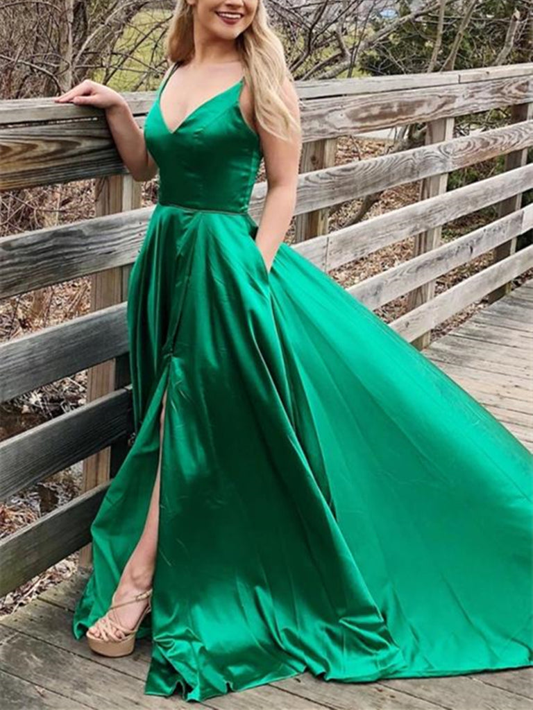 V Neck Backless Green Satin Long Prom Dresses 2020 with Leg Slit, Open ...