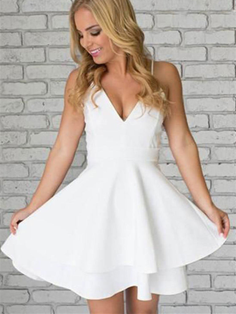 v neck white dress short