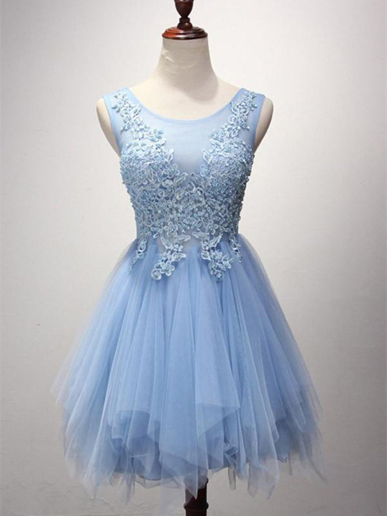 Cute blue lace tulle short homecoming dresses – morievent