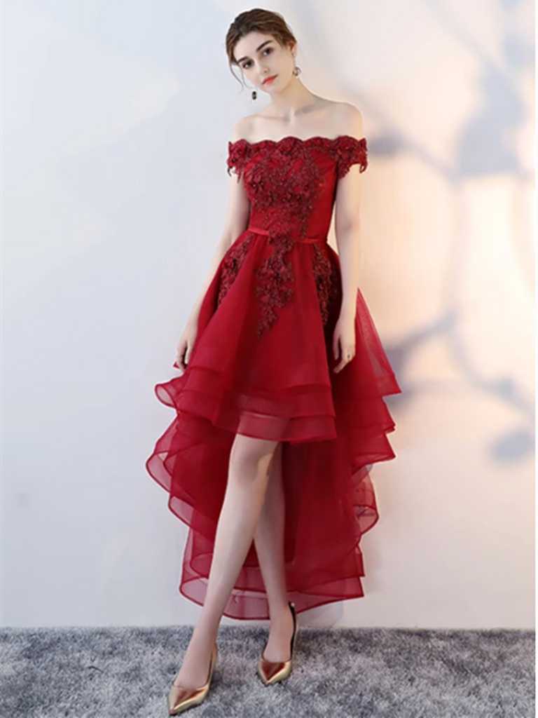 burgundy high low prom dresses