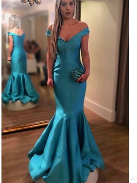Turquoise off shoulder mermaid long satin prom dresses, Off shoulder m ...