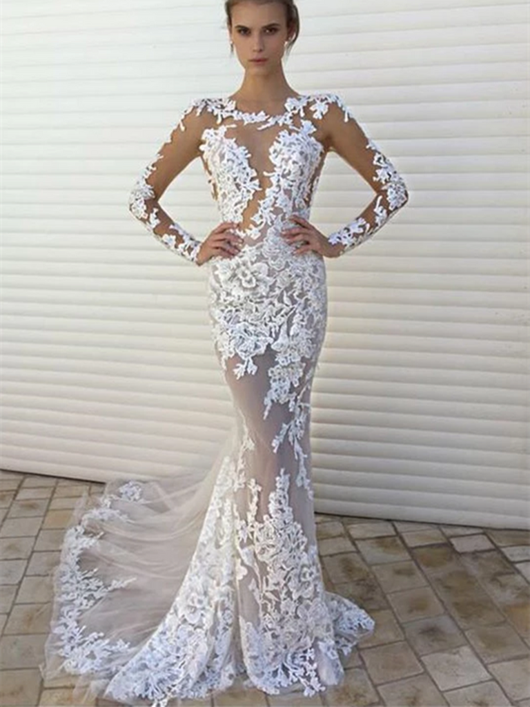 Sexy White Lace Mermaid See Through Long Sleeves Wedding Dress Prom Dr Morievent 8289
