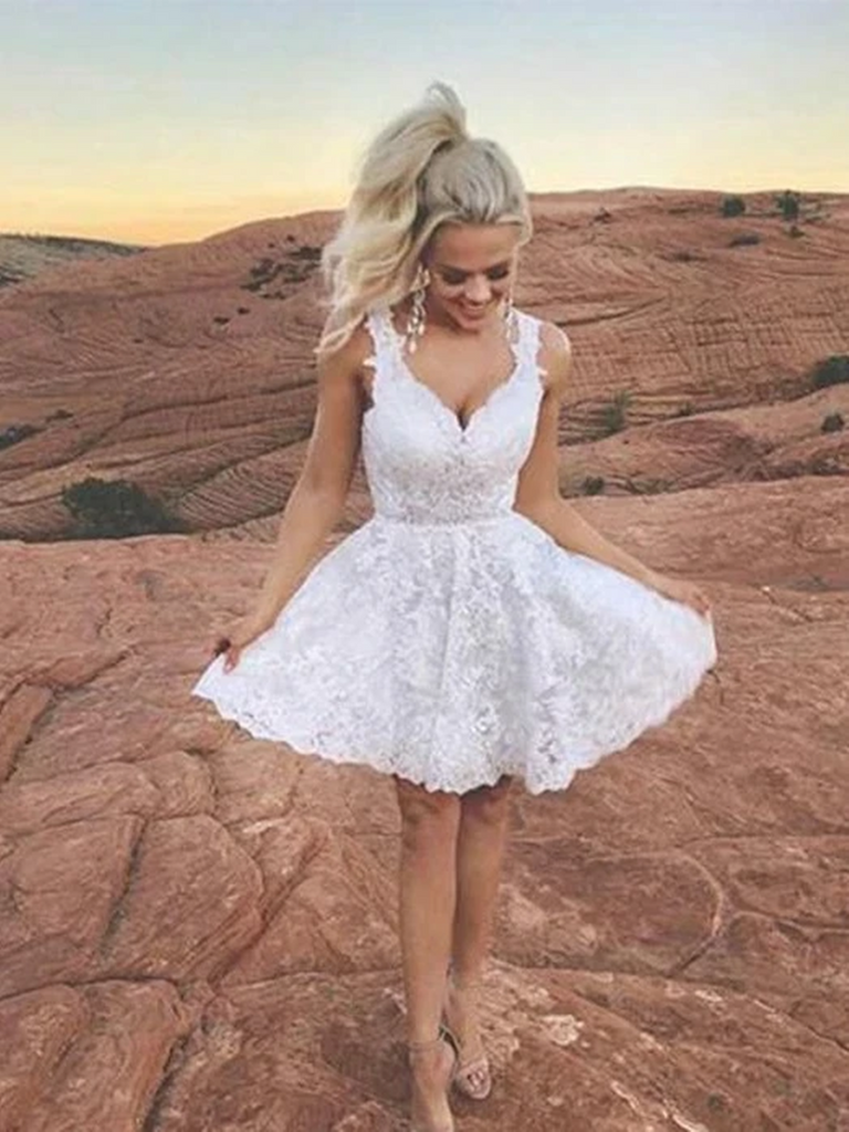 A Line Sweetheart Neck Cute White Lace Short Prom Dresses Short White Morievent 