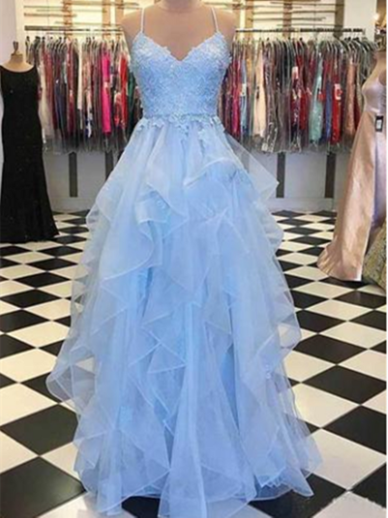 Blue sweetheart neck tulle lace long prom dress, Blue tulle lace eveni ...