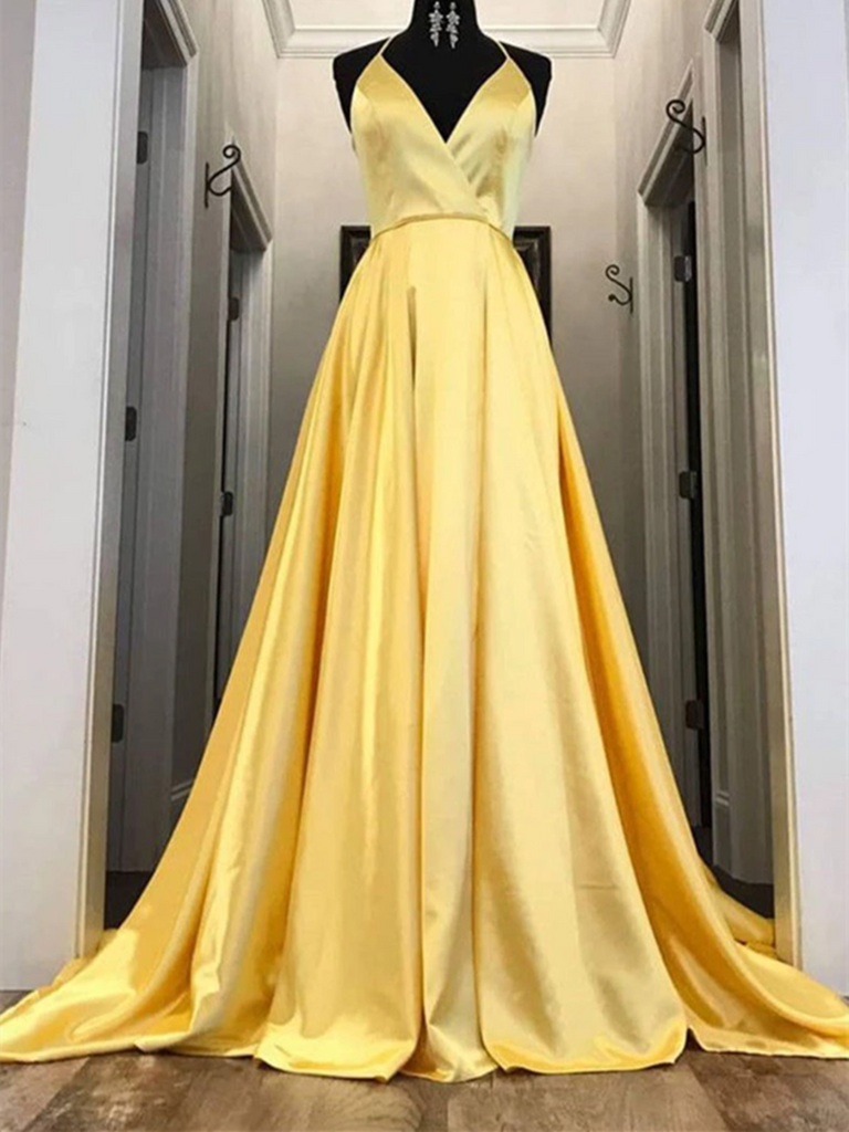 Yellow V Neck Satin Long Prom Dress, Yellow Evening Dress, Formal Even ...