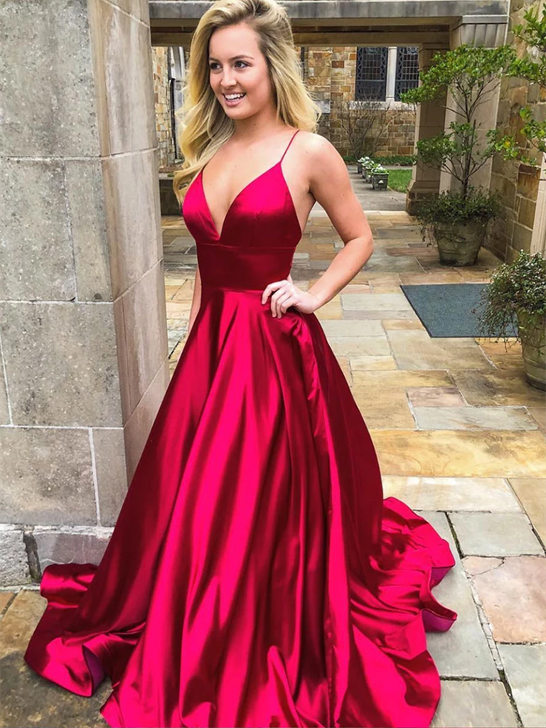 Simple V Neck Burgundy Satin Long Prom Dresses, V Neck Burgundy Satin ...