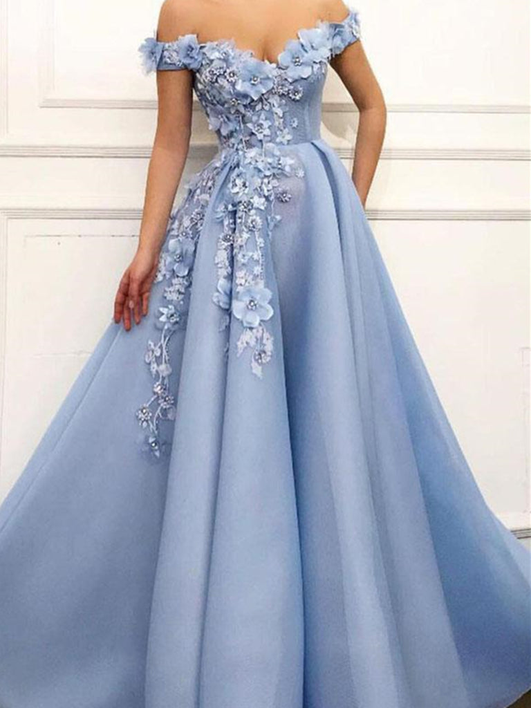 A Line Blue Off Shoulder Flower Appliques Long Prom Dresses Blue Off Morievent 0682