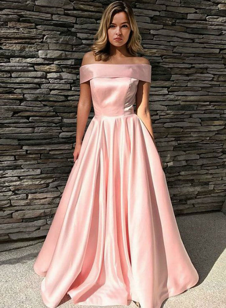 pink off shoulder prom dress