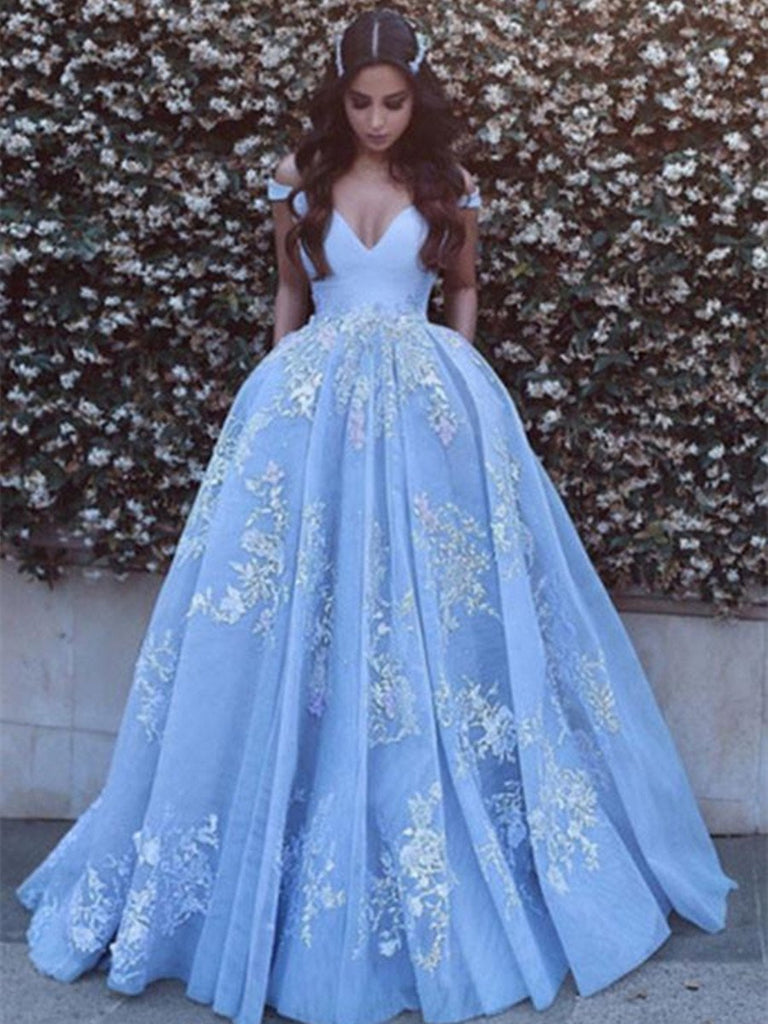Off Shoulder Light Blue Prom Dress with Lace Applique, Prom Gown, Ligh