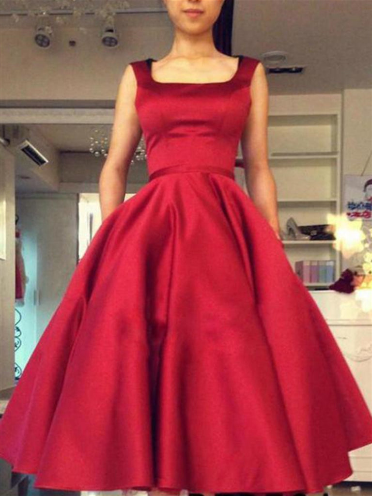 red square neck prom dress