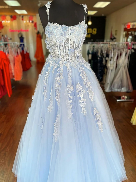 A Line Lace Tulle Appliques Blue Long Prom Dresses, Lace Floral Blue F ...