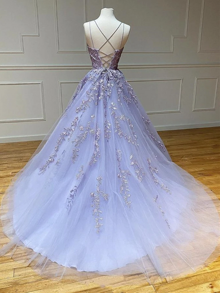 Backless Purple Lace Long Prom Dresses, Open Back Purple Lilac Lace Fo ...