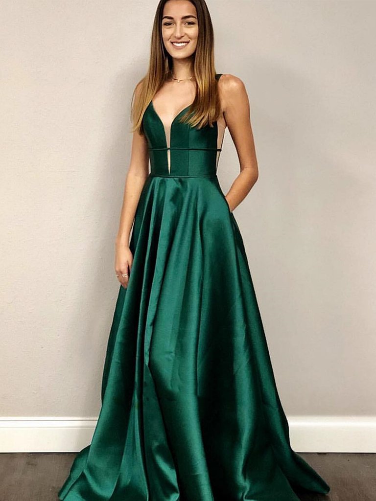 V Neck Emerald Green Prom Dresses, Green Formal Graduation Evening Dre