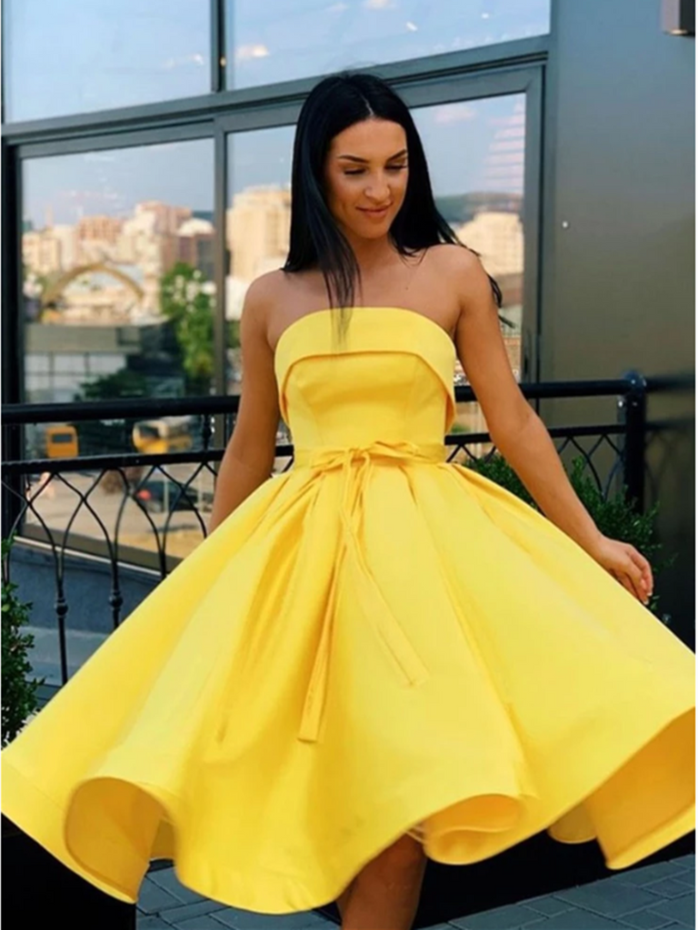 yellow strapless prom dress