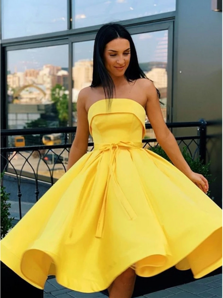 A Line Yellow Strapless Short Prom Dresses Strapless Short Yellow For
