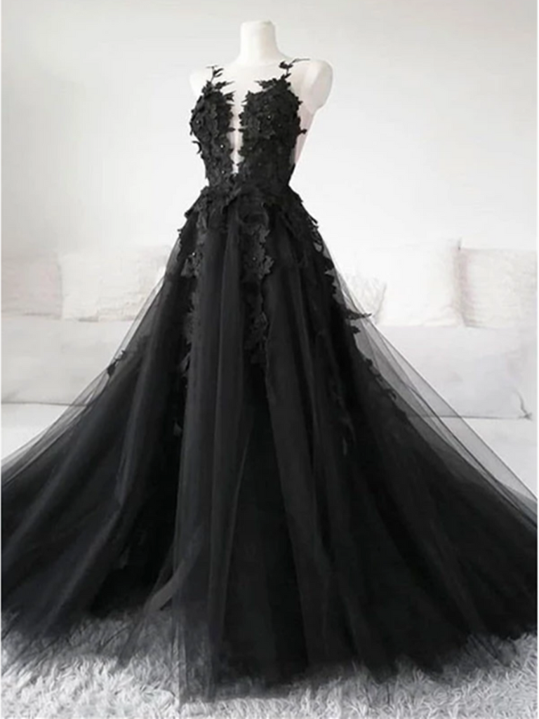 Black Tulle Lace Long Prom Dress, Black Evening Dress morievent