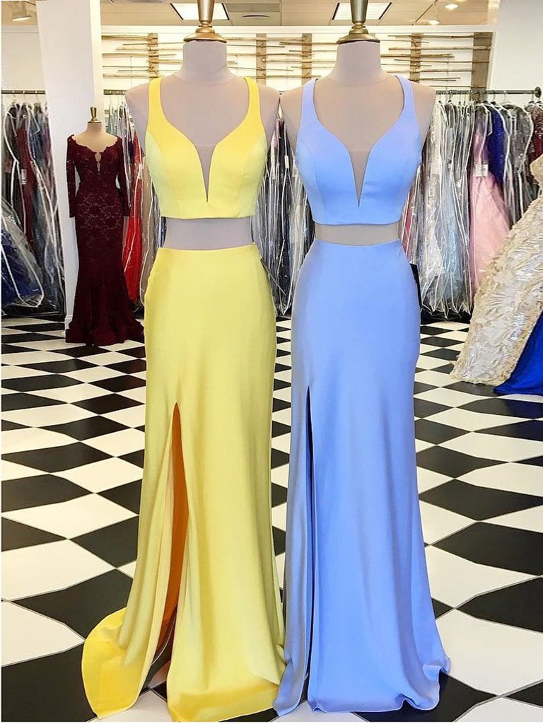 V Neck Blue/Yellow Mermaid Two Pieces Satin Long Prom Dresses, 2 Piece ...