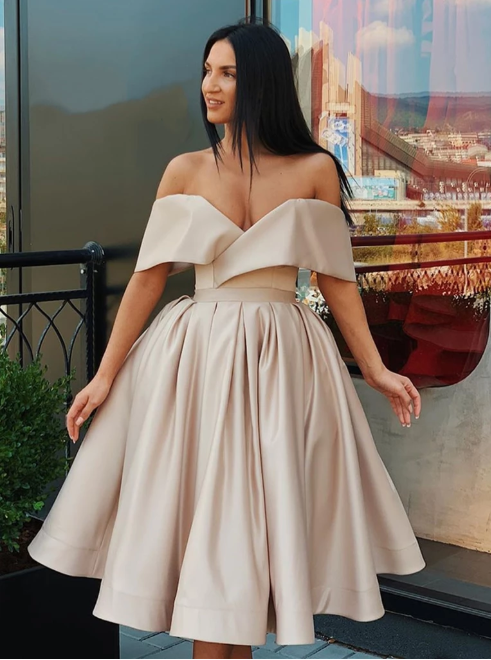 champagne off the shoulder prom dress