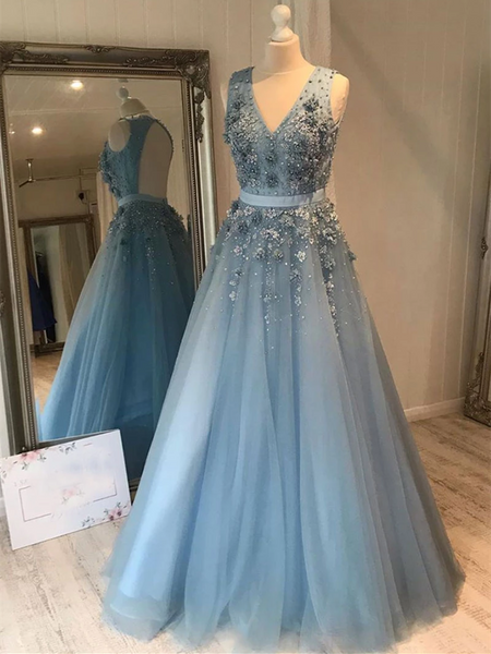 V Neck Blue Tulle Lace Long Prom Dresses, V Neck Blue Tulle Lace Long ...