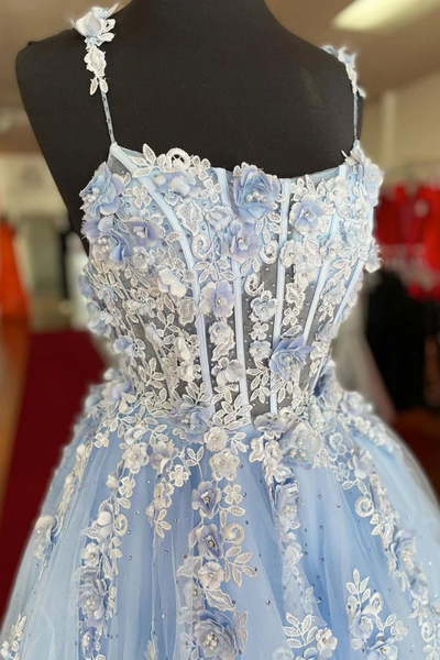 A Line Lace Tulle Appliques Blue Long Prom Dresses, Lace Floral Blue F ...