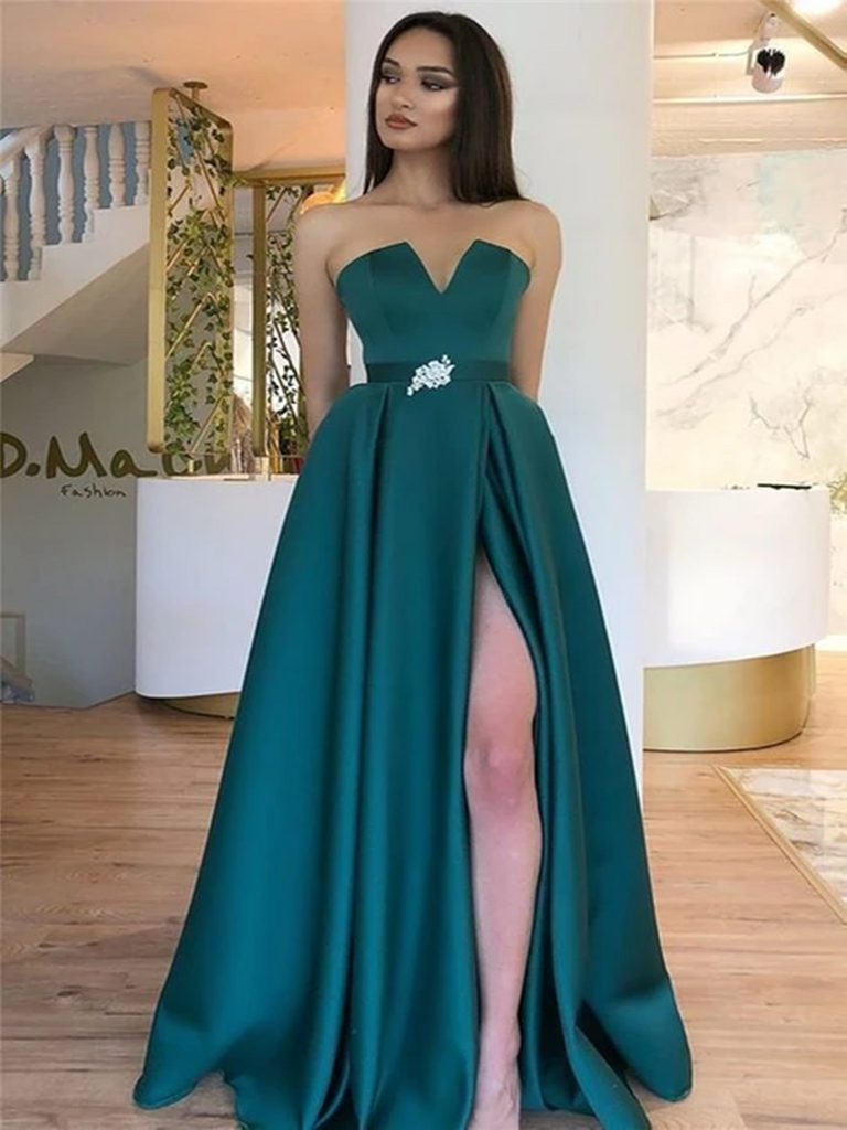 Strapless Emerald Green Satin Thigh high Slit Prom Dresses, Strapless ...