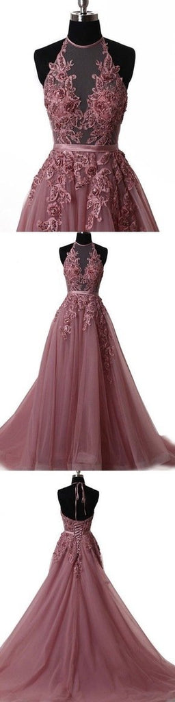 A Line Halter Neck Lace Prom Dress with Sweep Train, Backless Formal D ...