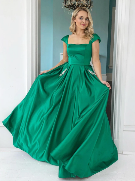 Cap Sleeves Green Satin Long Prom Dresses with Pockets, Green Cap Slee ...