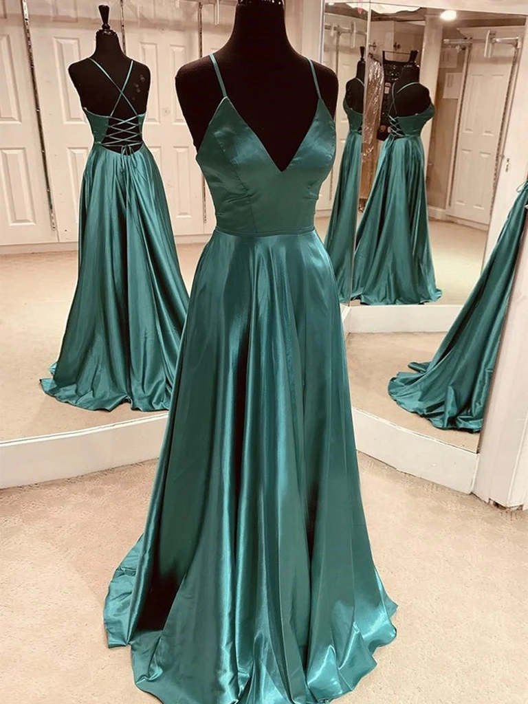 A Line V Neck Emerald Green Backless Satin Long Prom Dresses Emerald Morievent 