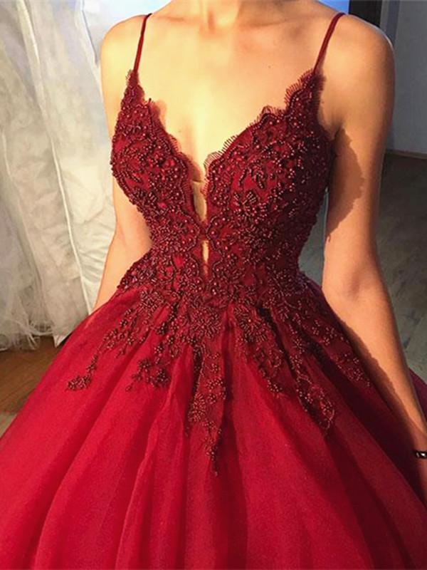 Beaded V Neck Burgundy Prom Dress with Lace Flowers, Burgundy Formal G
