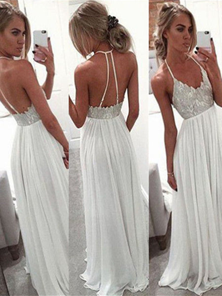 A Line Halter Neck White Backless Floor Length Chiffon Prom Dress Whi Morievent 