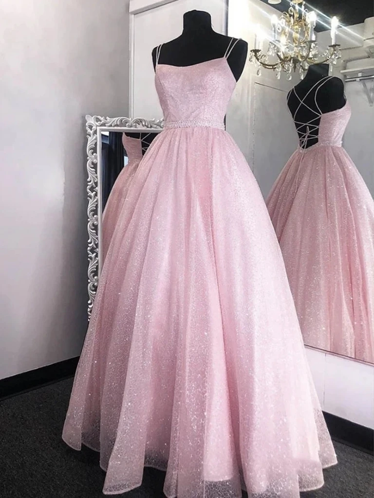 Pink Sequins Backless Long Prom Dresses, Open Back Pink Formal Graduation Evening Dresses