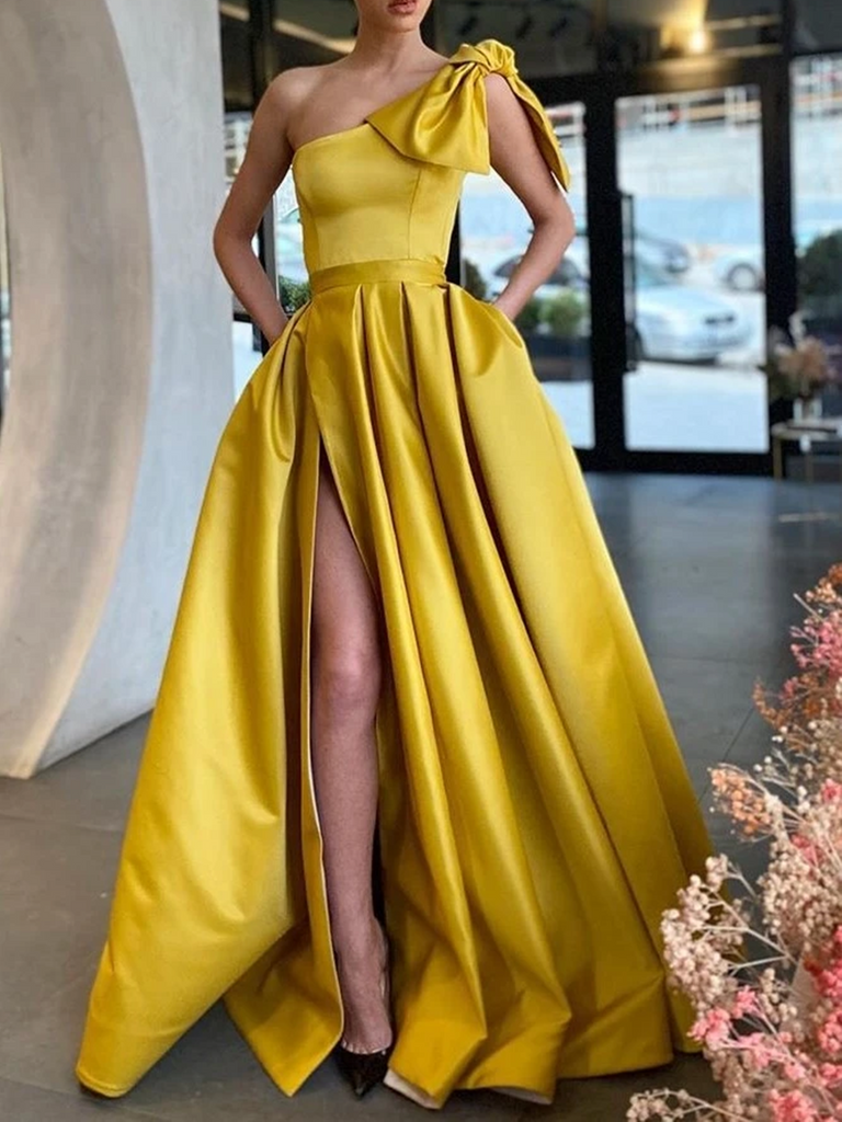 One Shoulder Satin Yellow High Slit Prom Dresses, One Shoulder Formal