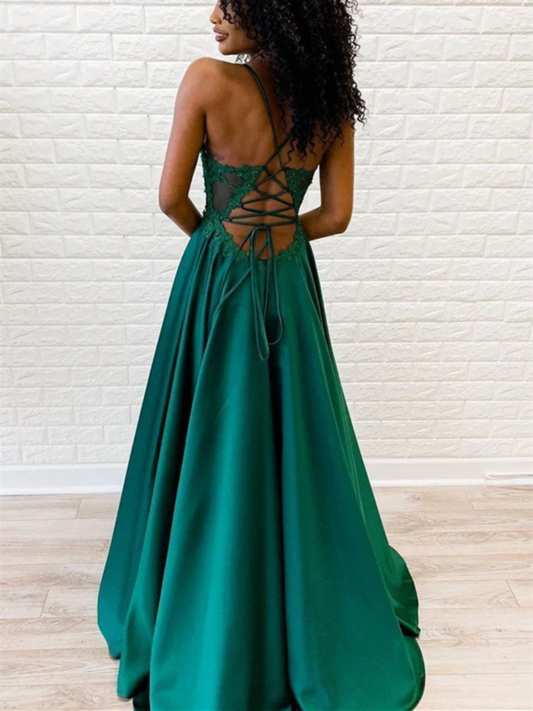 A Line V Neck Emerald Green Spaghetti Straps Lace Appliques Prom Dress ...