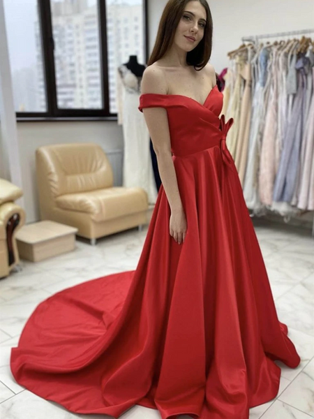 Off Shoulder Red Satin Long Prom Dresses, Off the Shoulder Red Formal ...