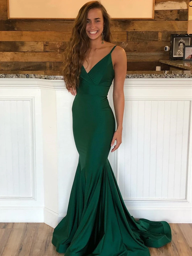 Mermaid V Neck Green Backless Satin Long Prom Dresses, Emerald Green M