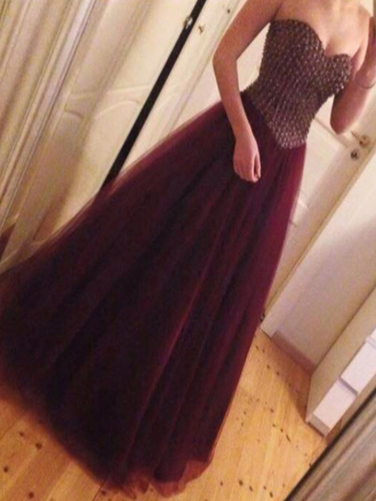 strapless maroon prom dress