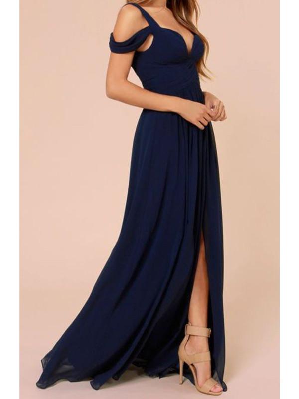 off the shoulder navy blue prom dress