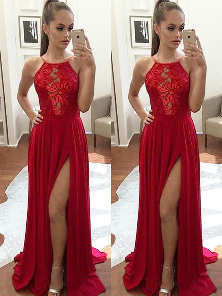 A Line Halter Red Halter High Slit Prom Dresses Sexy Formal Dresses Morievent 1138