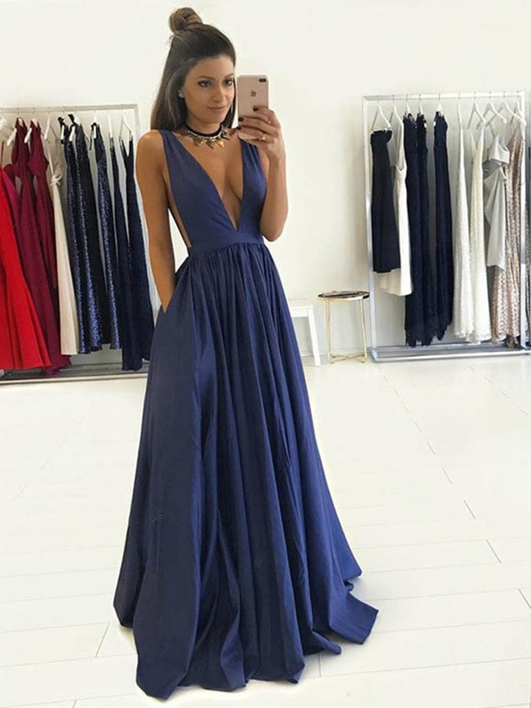 Custom Made A Line V Neck Deep Blue Sleeveless Long Prom Dresses, Deep ...