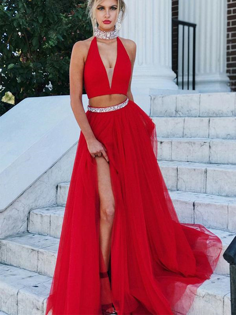 Fashion Two Piece Sleeveless Long Red Prom Dress, VNeck Formal Dresse