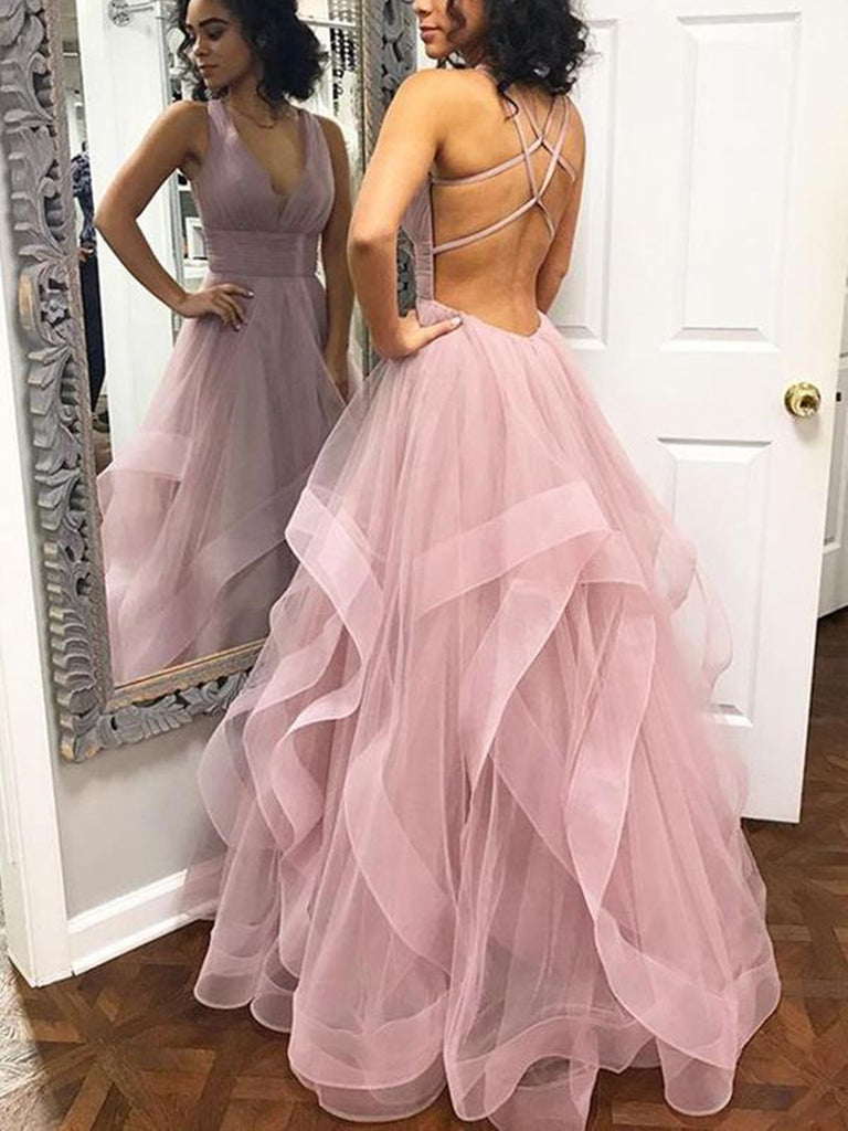 A Line V Neck Dusty Rose Long Open Back Prom Dresses With Straps, Dust – morievent