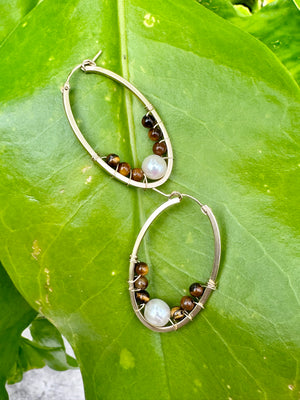 Oval wired Fresh Water White Pearl & Tigers Eye Earrings - Gemma's Treasure