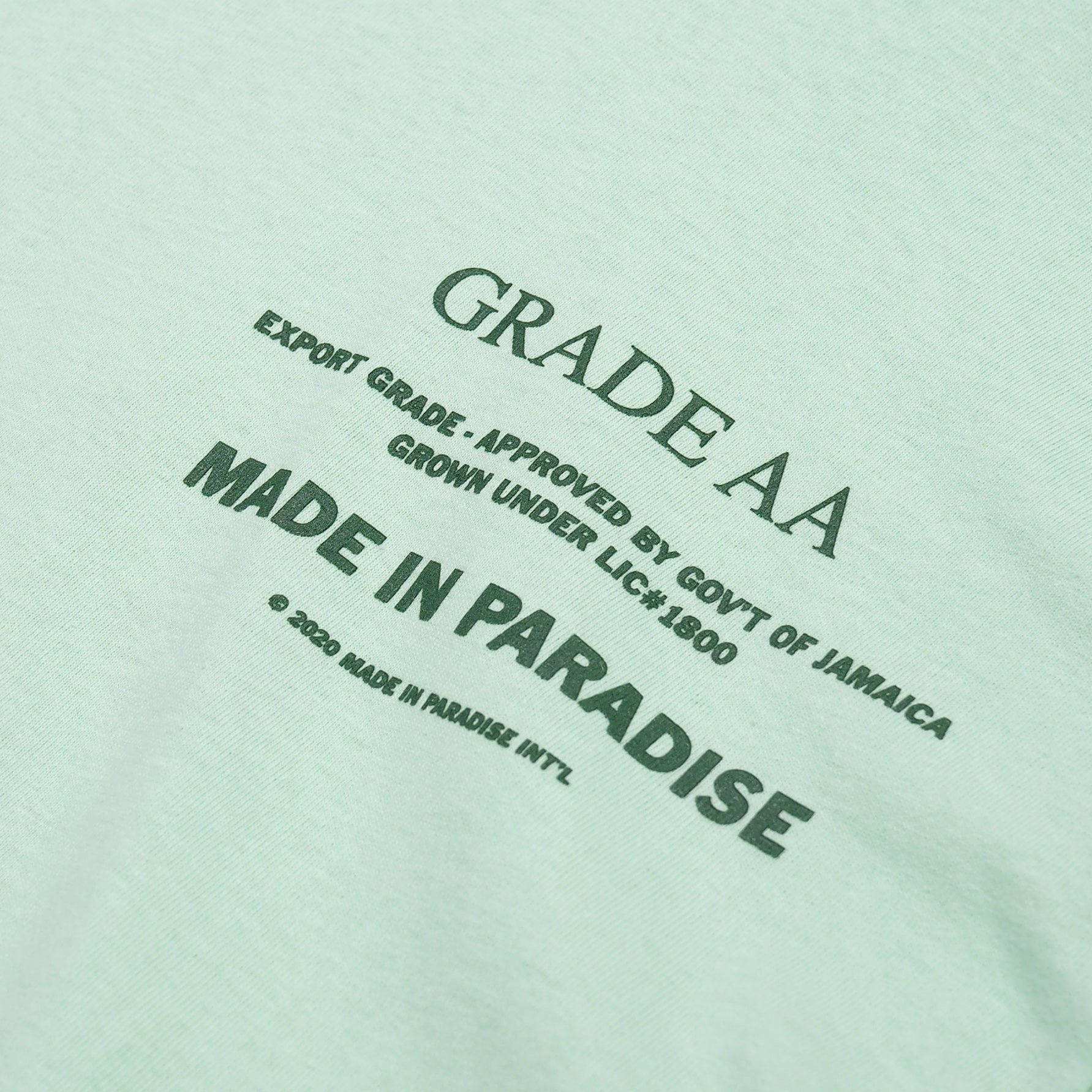 Close-up view of front graphic print of Made in Paradise Homegrown Collection "EXPORT STANDARD" lime green short sleeve t-shirt