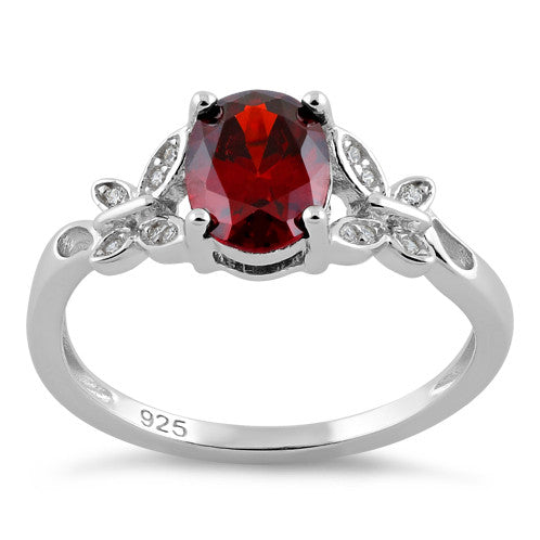 Sterling Silver Double Butterfly Garnet Center Stone CZ Ring